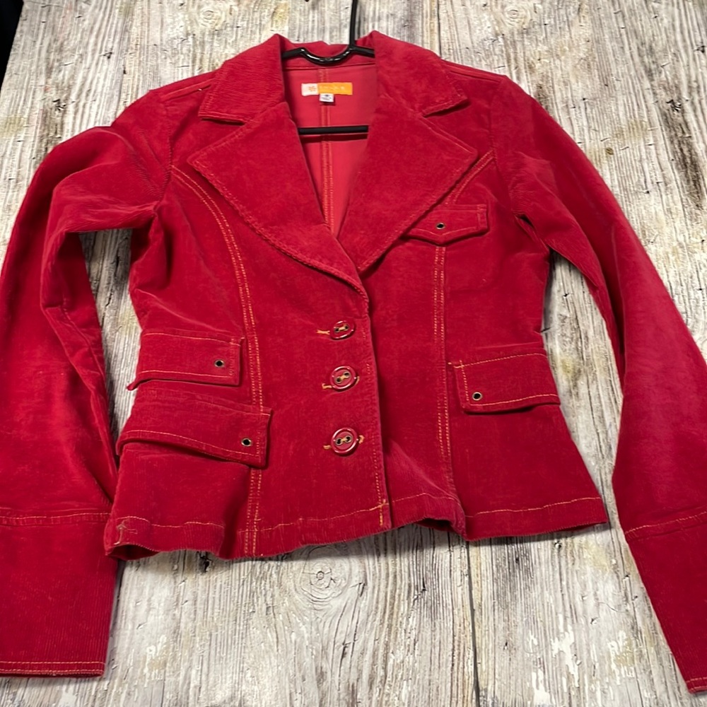 Tulle Red Y2K Corduroy Grommet Sleeve Stretchy Button Front Blazer Jacket Small